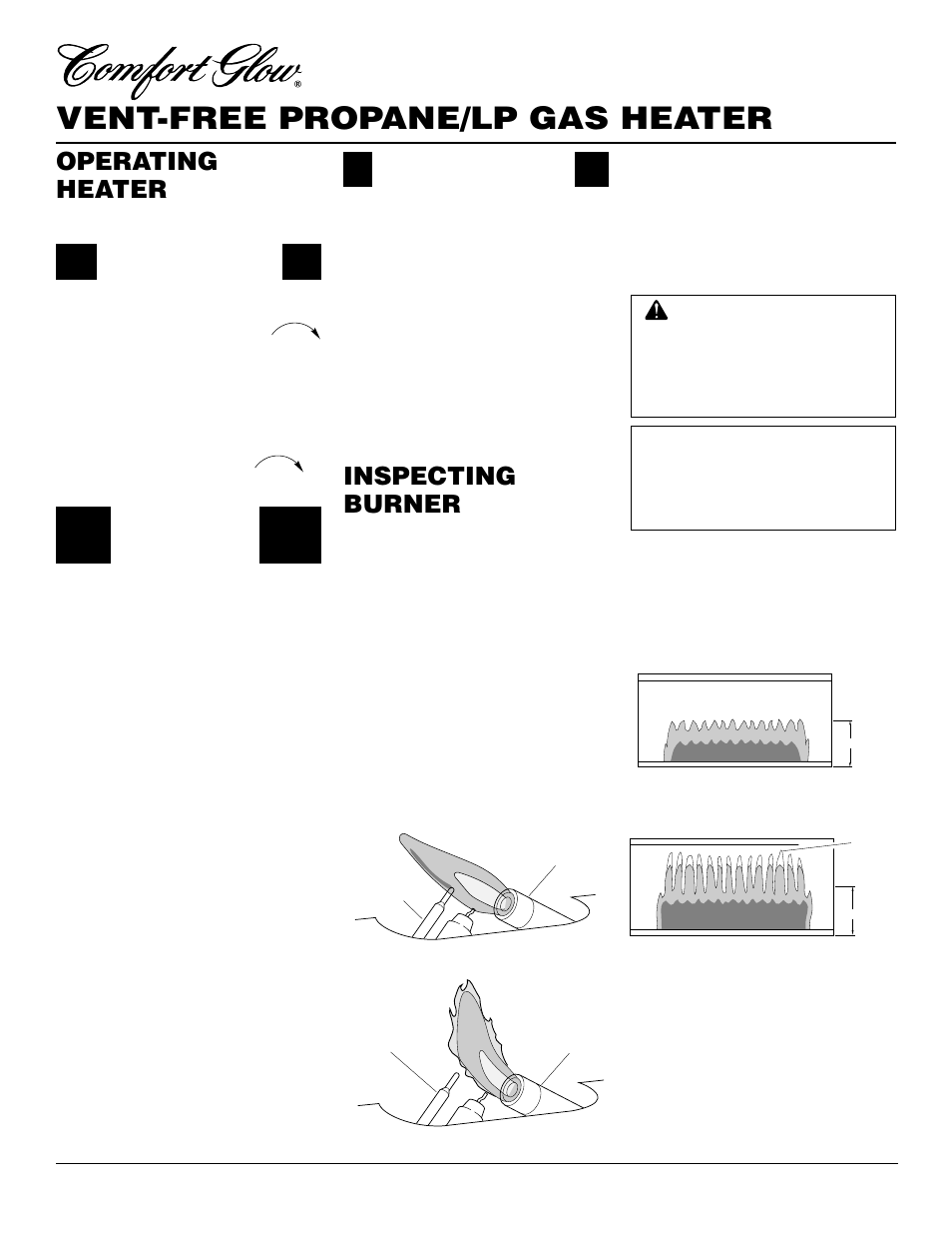 Vent-free propane/lp gas heater, Inspecting burner, Operating heater | Continued | Desa CGP10TA User Manual | Page 12 / 20