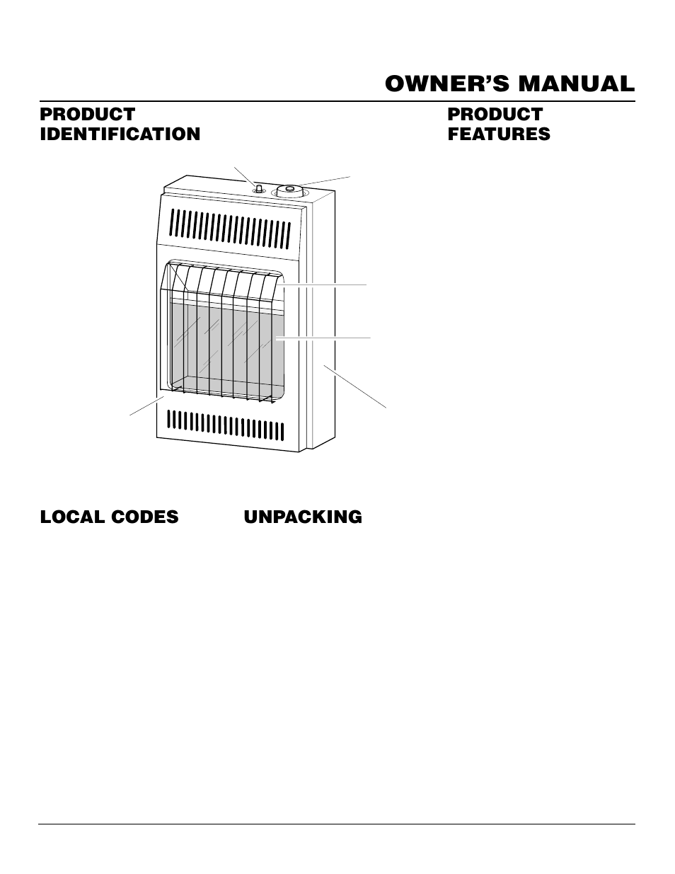 Owner’s manual, Product identification product features, Local codes | Unpacking | Desa CGP10TA User Manual | Page 3 / 20