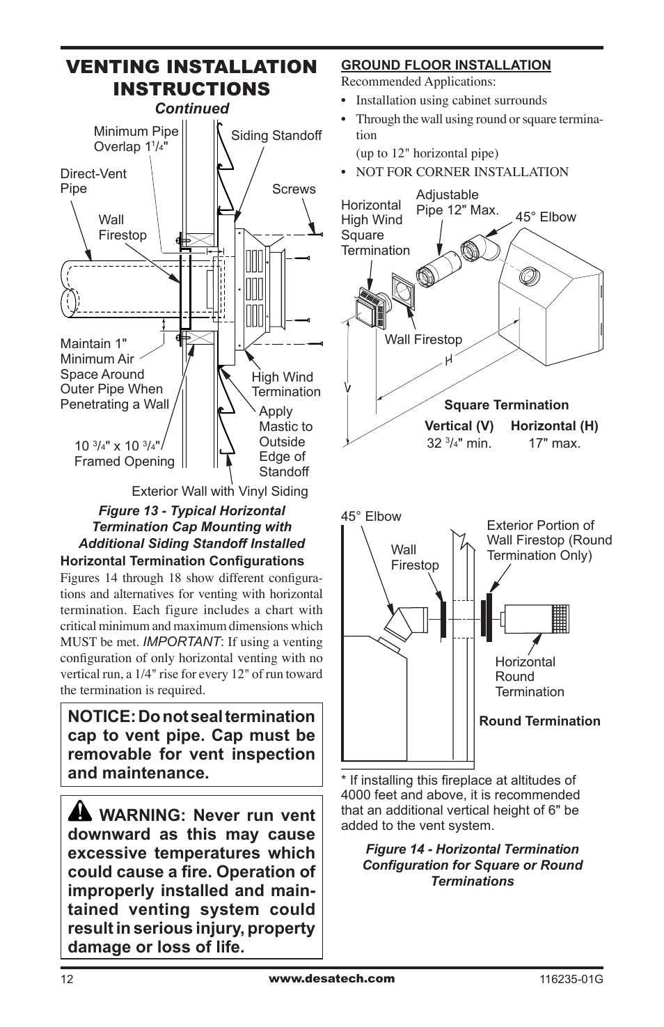 Venting installation instructions | Desa (V)VC36NE Series User Manual | Page 12 / 40