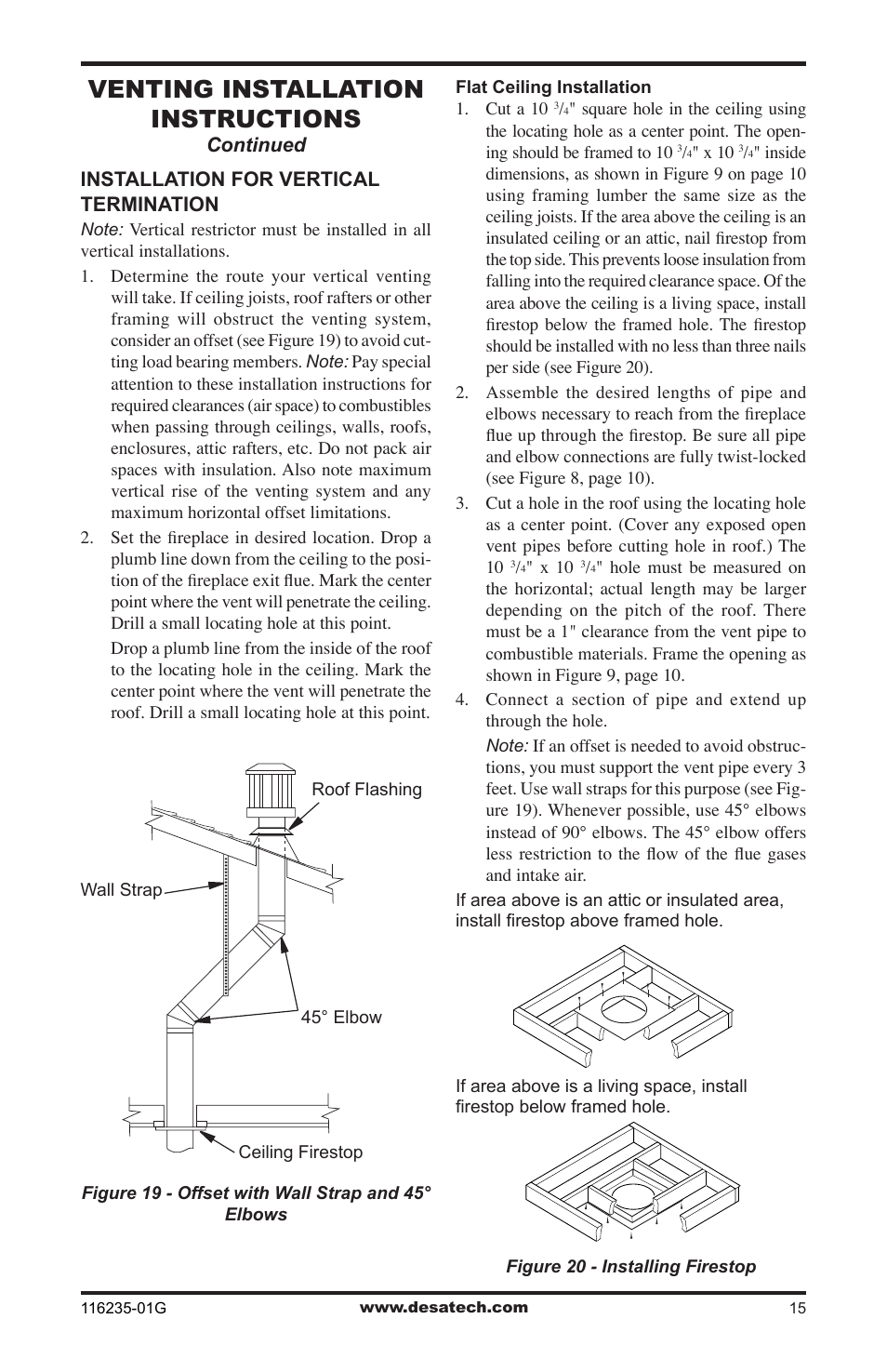 Venting installation instructions | Desa (V)VC36NE Series User Manual | Page 15 / 40