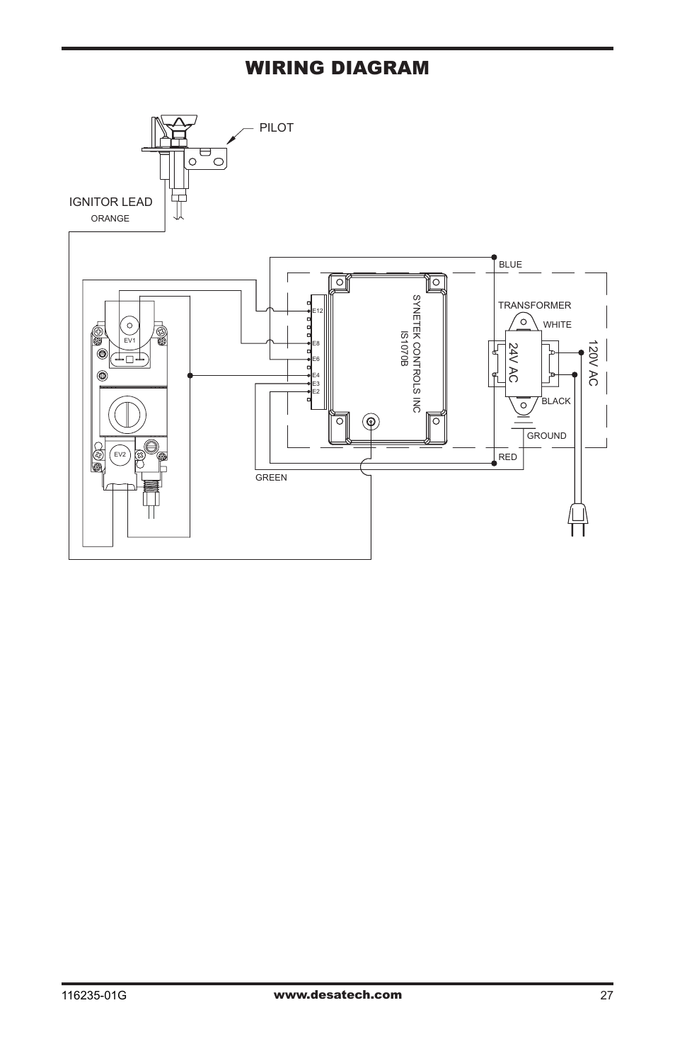 Wiring diagram, Ignitor lead, Pilot | 24v ac, 120v ac | Desa (V)VC36NE Series User Manual | Page 27 / 40