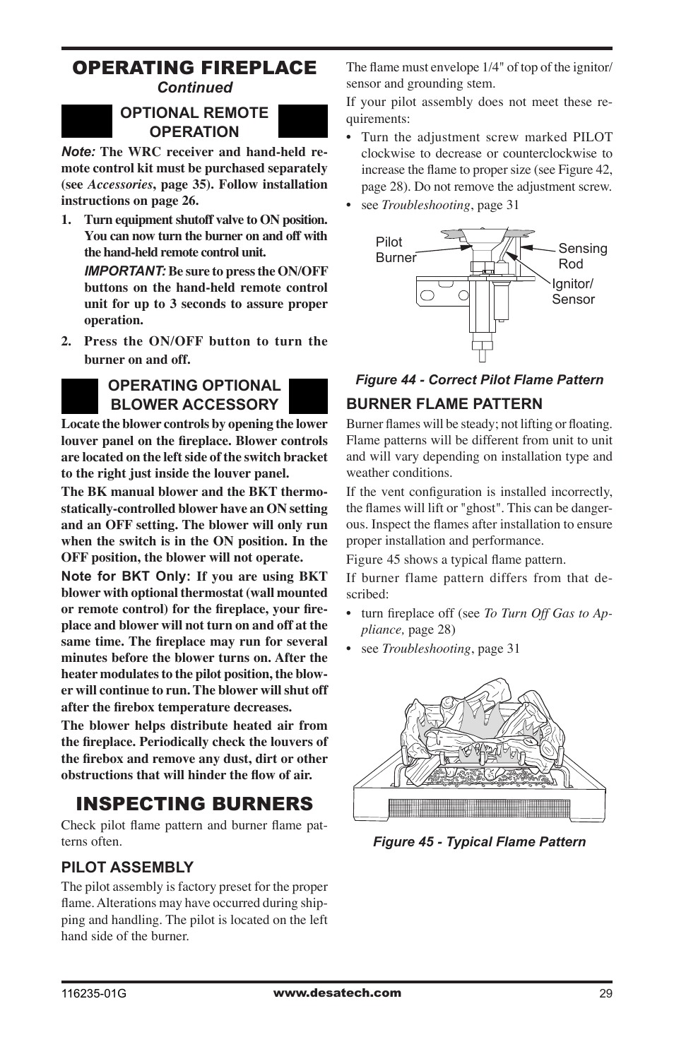 Inspecting burners, Operating fireplace | Desa (V)VC36NE Series User Manual | Page 29 / 40