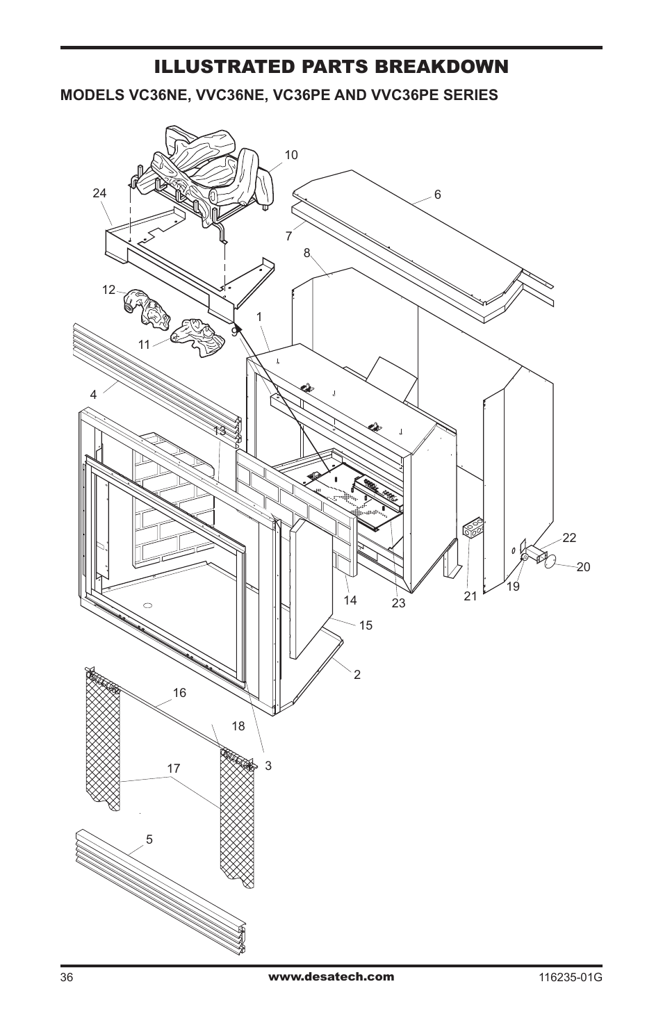 Illustrated parts breakdown and parts list, Illustrated parts breakdown | Desa (V)VC36NE Series User Manual | Page 36 / 40
