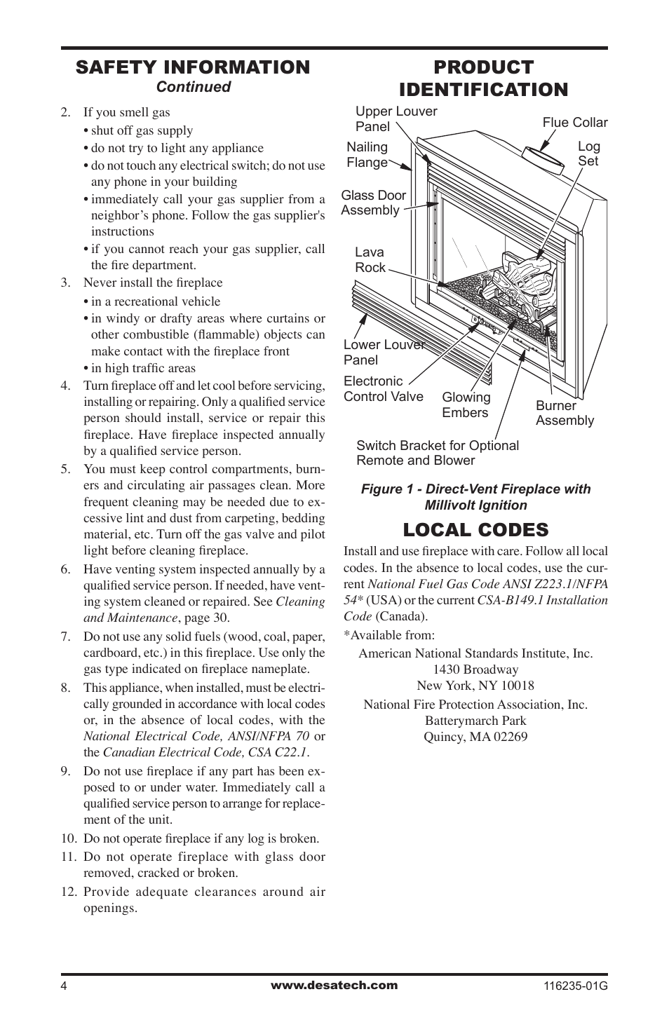 Product identification, Local codes, Safety information | Desa (V)VC36NE Series User Manual | Page 4 / 40