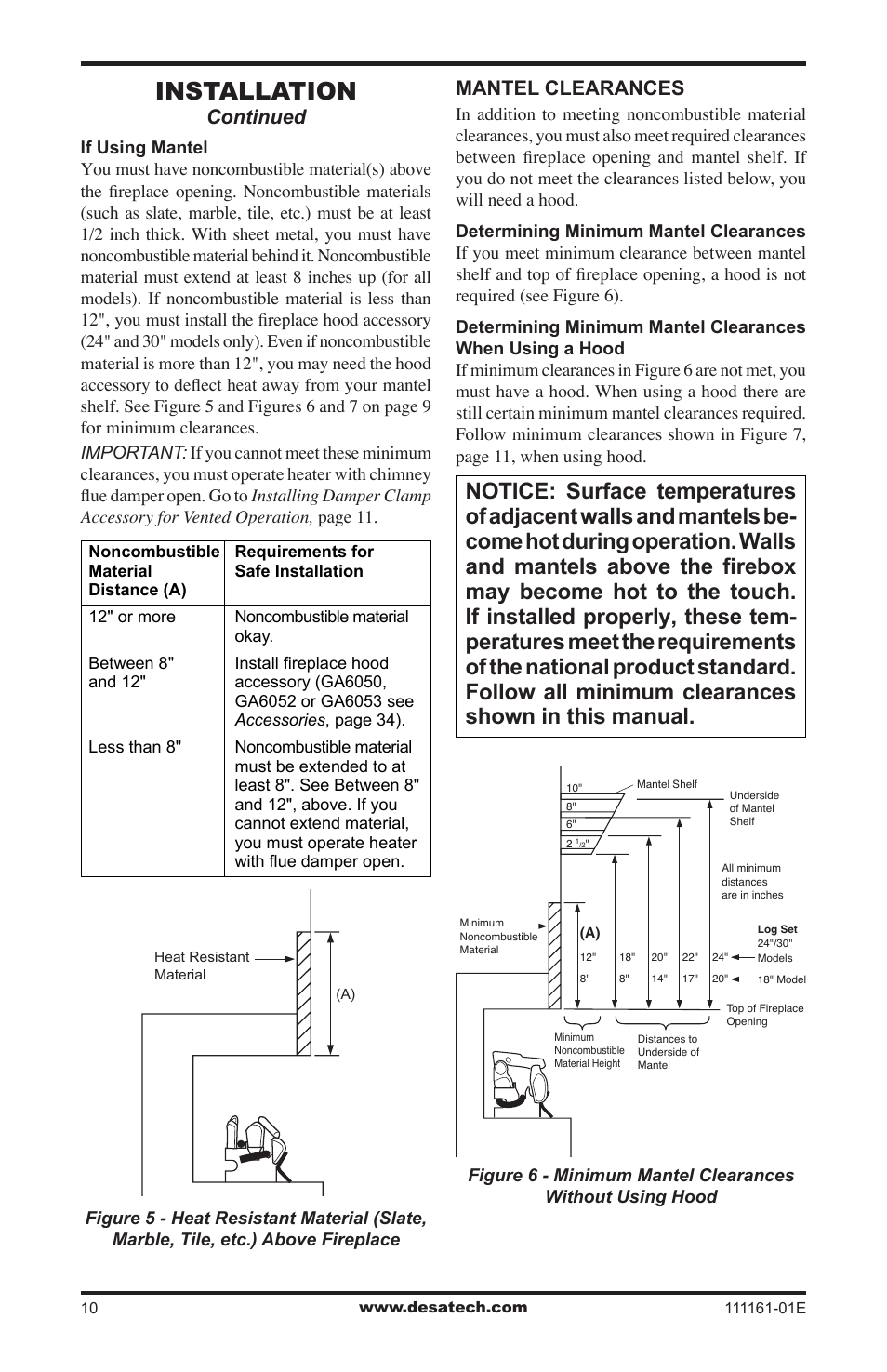 Installation, Continued, Mantel clearances | Desa CCL3018NR  EN User Manual | Page 10 / 36