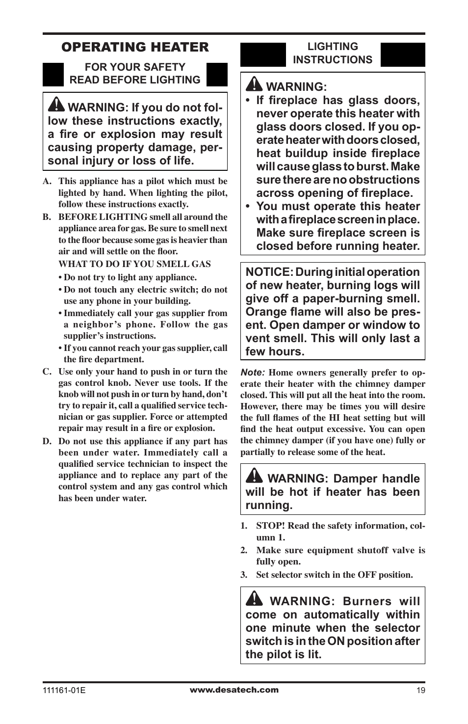 Operating heater | Desa CCL3018NR  EN User Manual | Page 19 / 36