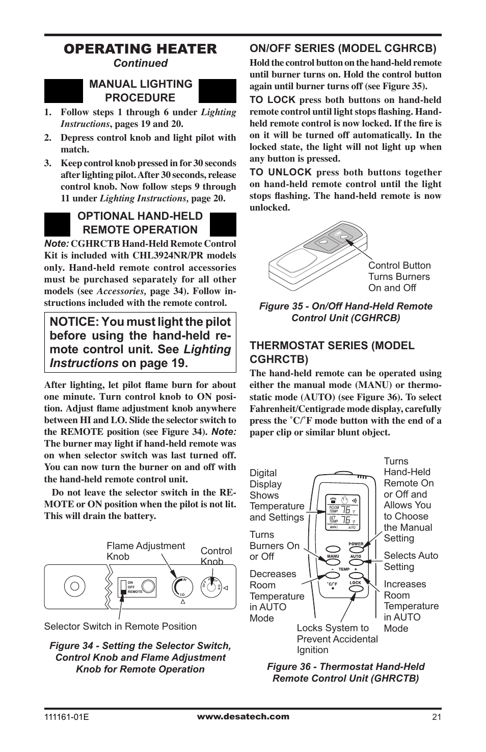 Operating heater, Manual lighting procedure, Continued optional hand-held remote operation | On/off series (model cghrcb), Thermostat series (model cghrctb) | Desa CCL3018NR  EN User Manual | Page 21 / 36