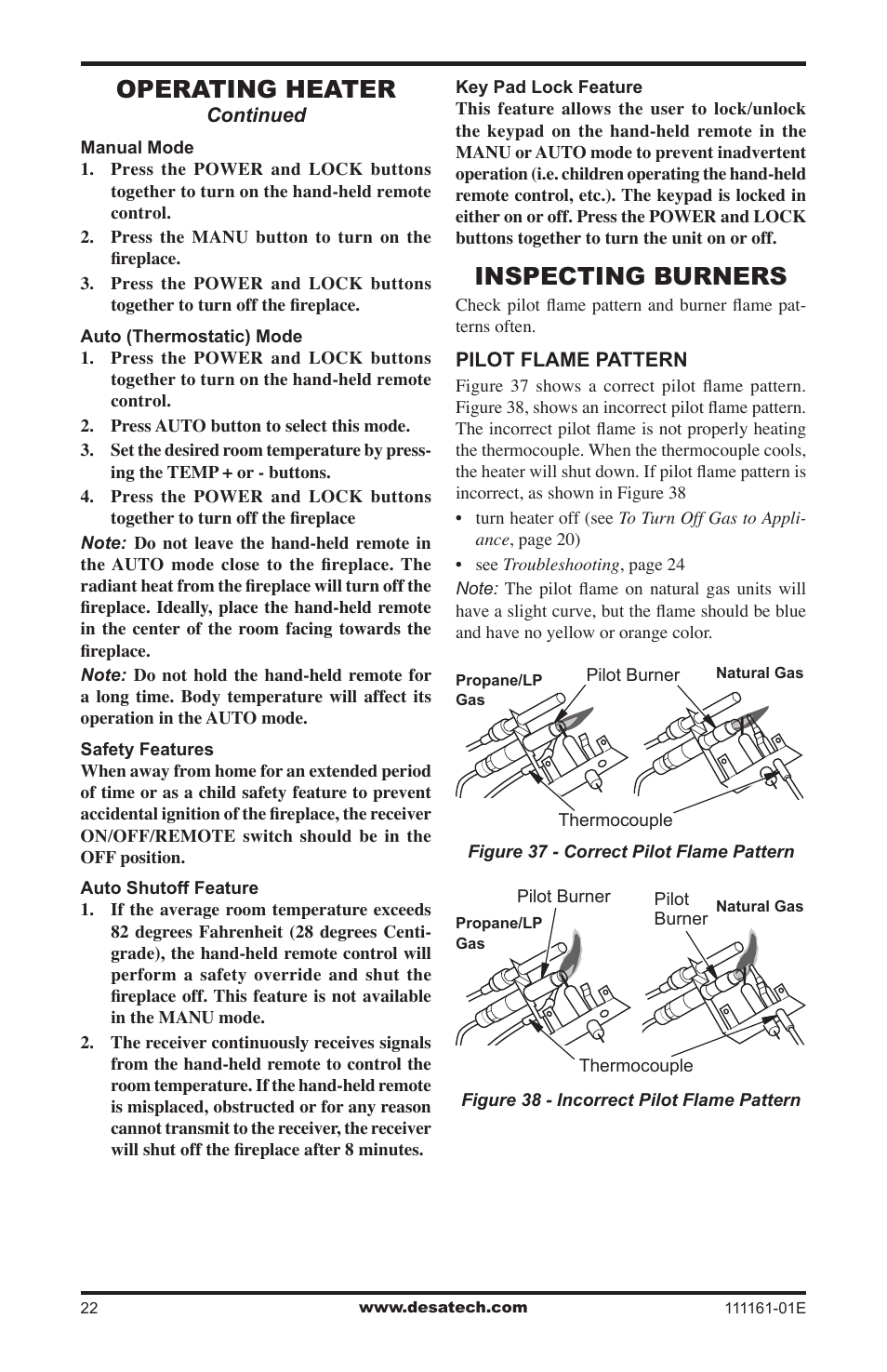 Inspecting burners, Operating heater | Desa CCL3018NR  EN User Manual | Page 22 / 36