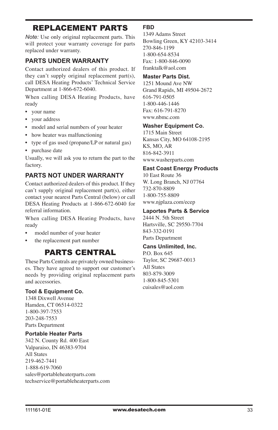 Replacement parts, Parts central | Desa CCL3018NR  EN User Manual | Page 33 / 36