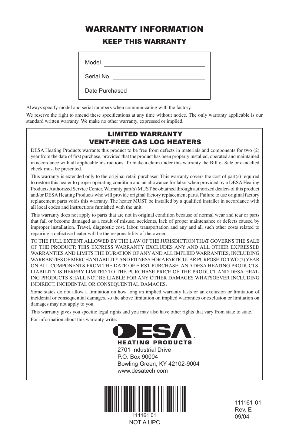 Warranty information, Keep this warranty, Limited warranty vent-free gas log heaters | Desa CCL3018NR  EN User Manual | Page 36 / 36