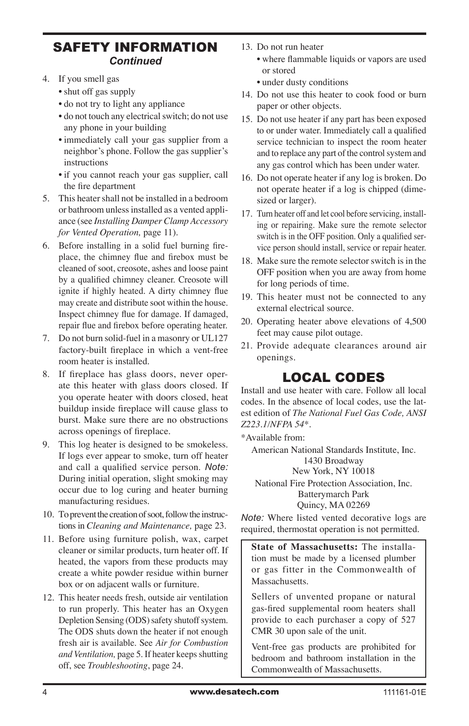 Local codes, Safety information | Desa CCL3018NR  EN User Manual | Page 4 / 36