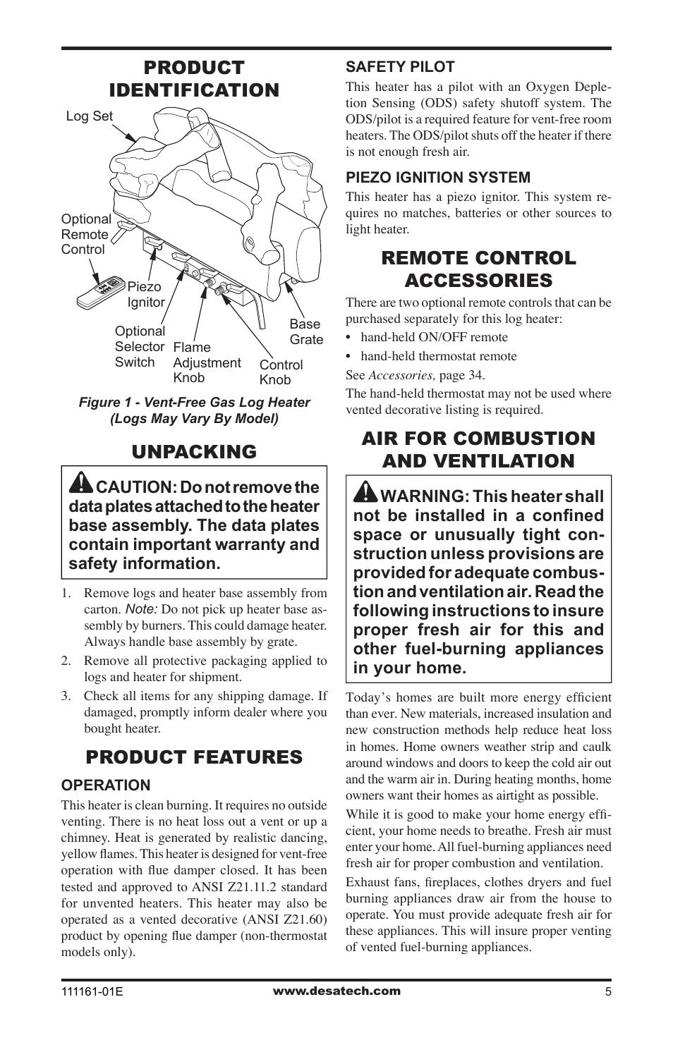 Product identification, Unpacking, Product features | Remote control accessories, Air for combustion and ventilation | Desa CCL3018NR  EN User Manual | Page 5 / 36