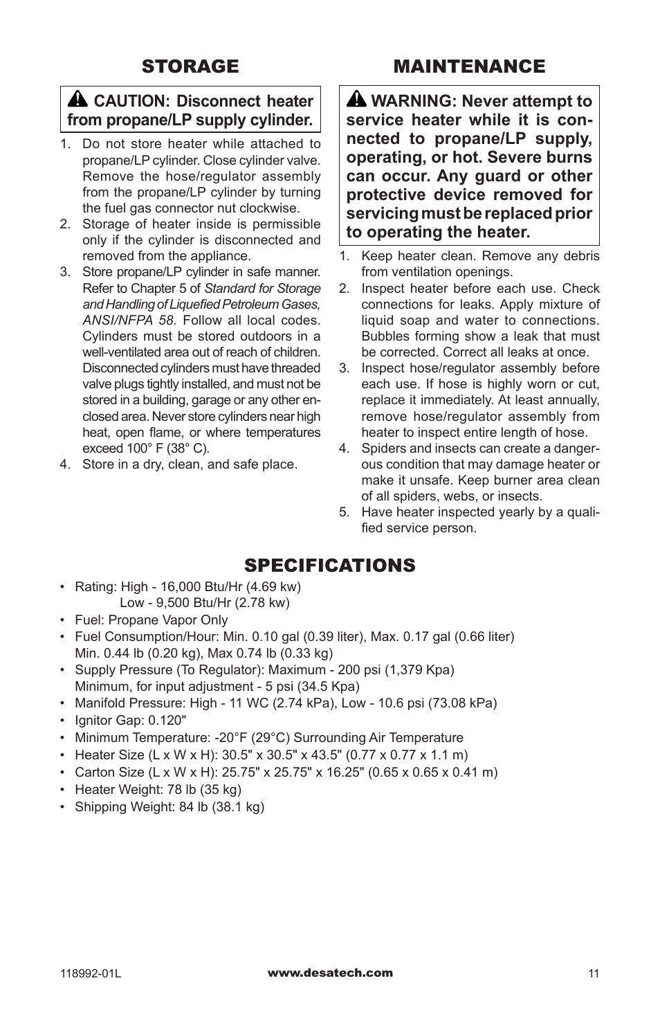 Storage, Maintenance, Specifications | Desa Td101 User Manual | Page 11 / 52