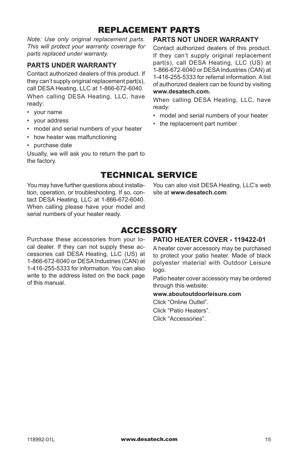 Replacement parts, Technical service, Accessory | Desa Td101 User Manual | Page 15 / 52