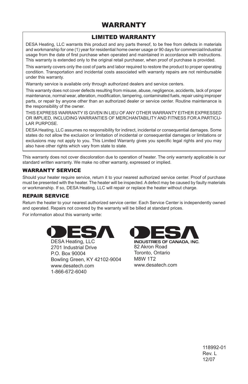 Warranty | Desa Td101 User Manual | Page 16 / 52