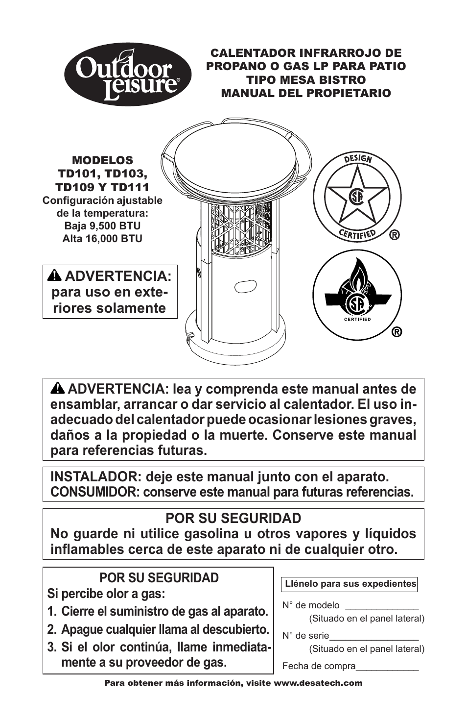 Advertencia: para uso en exte- riores solamente | Desa Td101 User Manual | Page 17 / 52