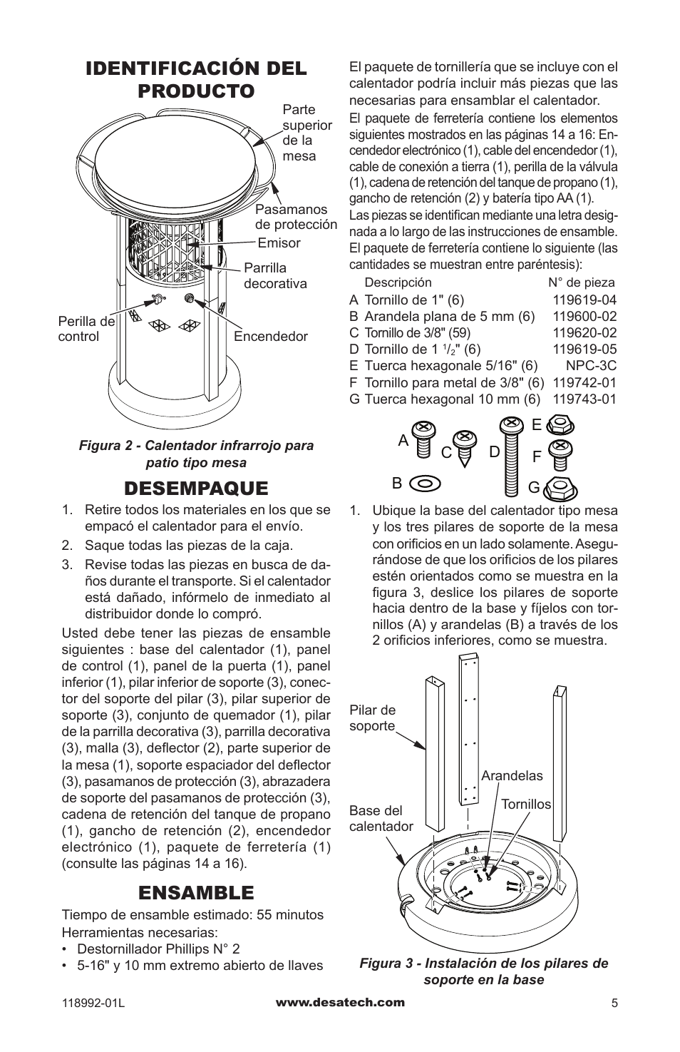 Identificación del producto, Desempaque, Ensamble | Desa Td101 User Manual | Page 21 / 52