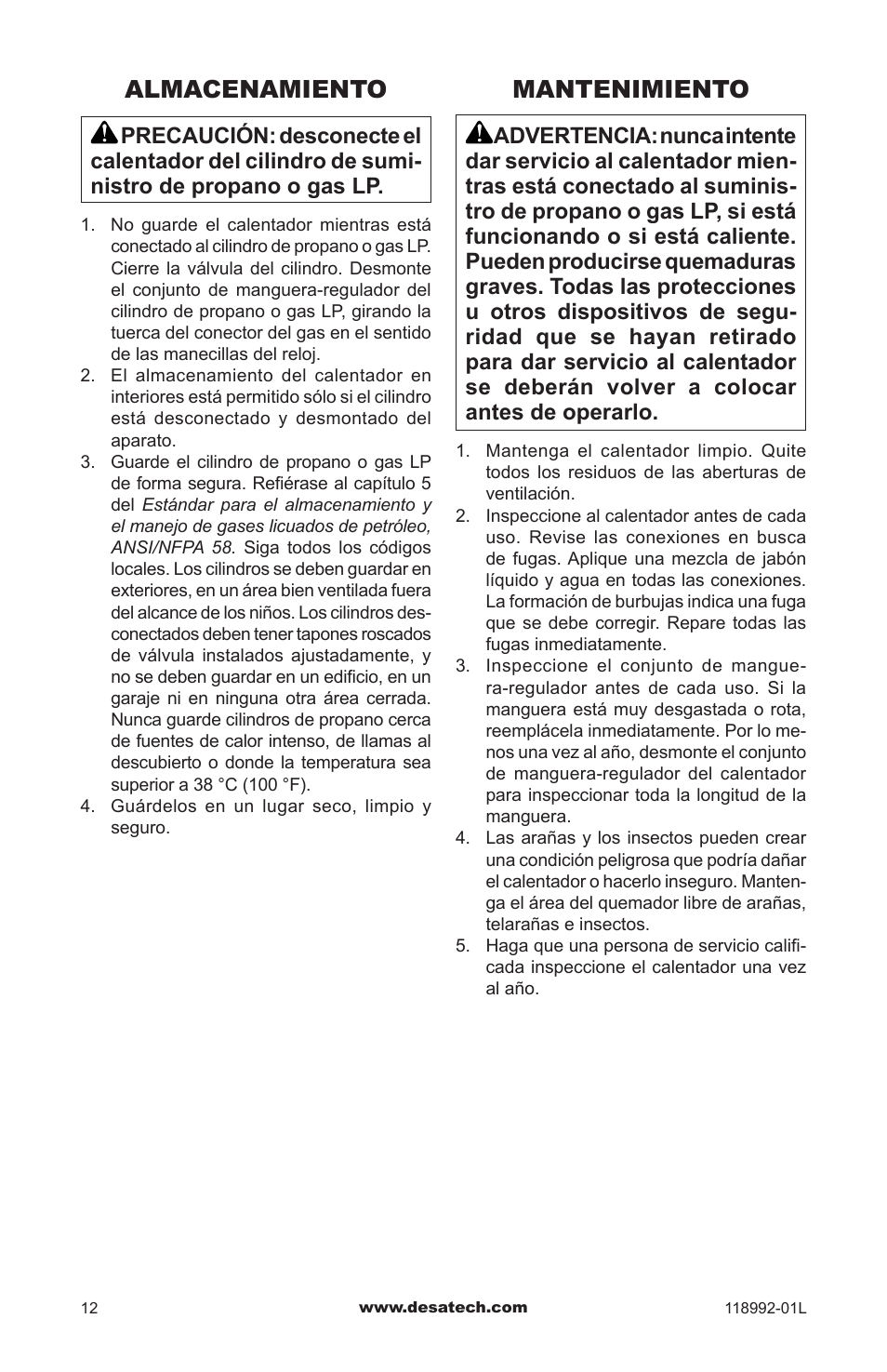 Almacenamiento, Mantenimiento | Desa Td101 User Manual | Page 28 / 52