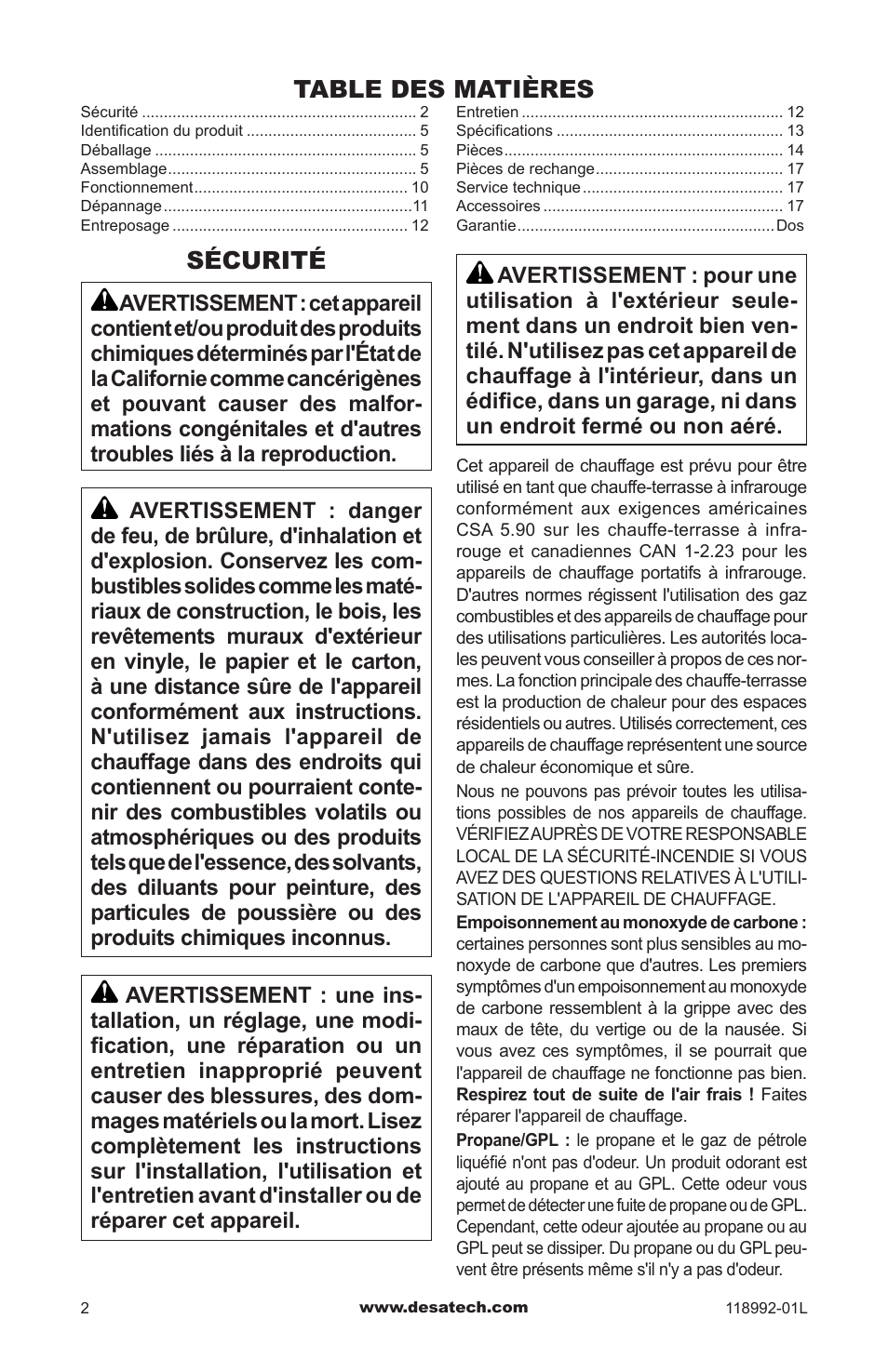 Sécurité | Desa Td101 User Manual | Page 36 / 52