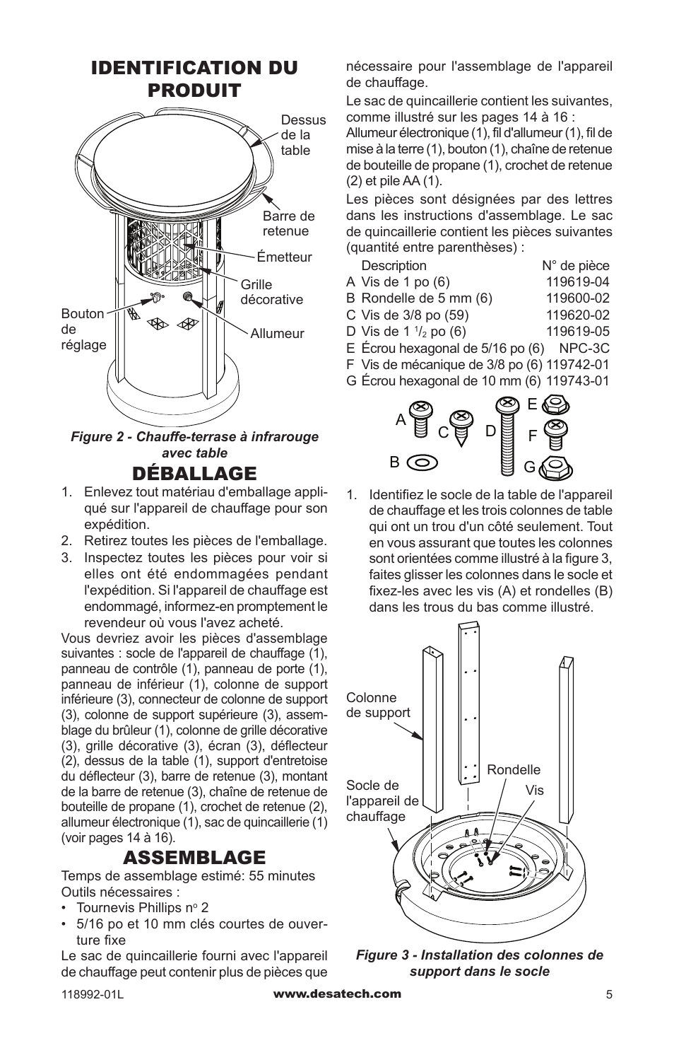 Identification du produit, Déballage, Assemblage | Desa Td101 User Manual | Page 39 / 52