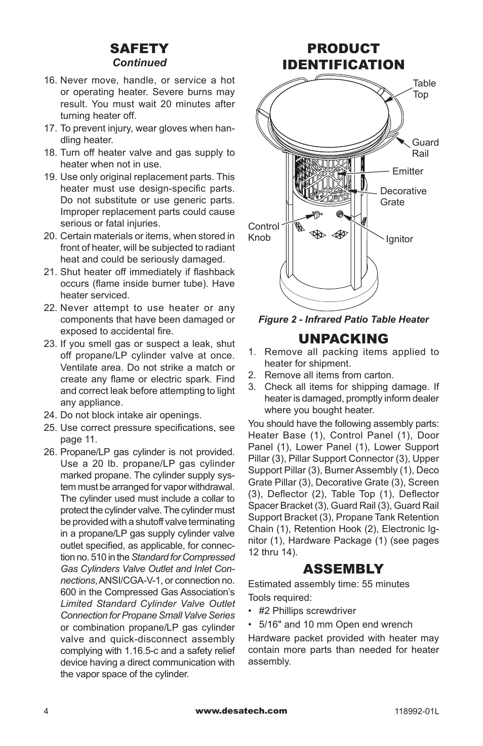 Product identification, Unpacking, Assembly | Safety | Desa Td101 User Manual | Page 4 / 52