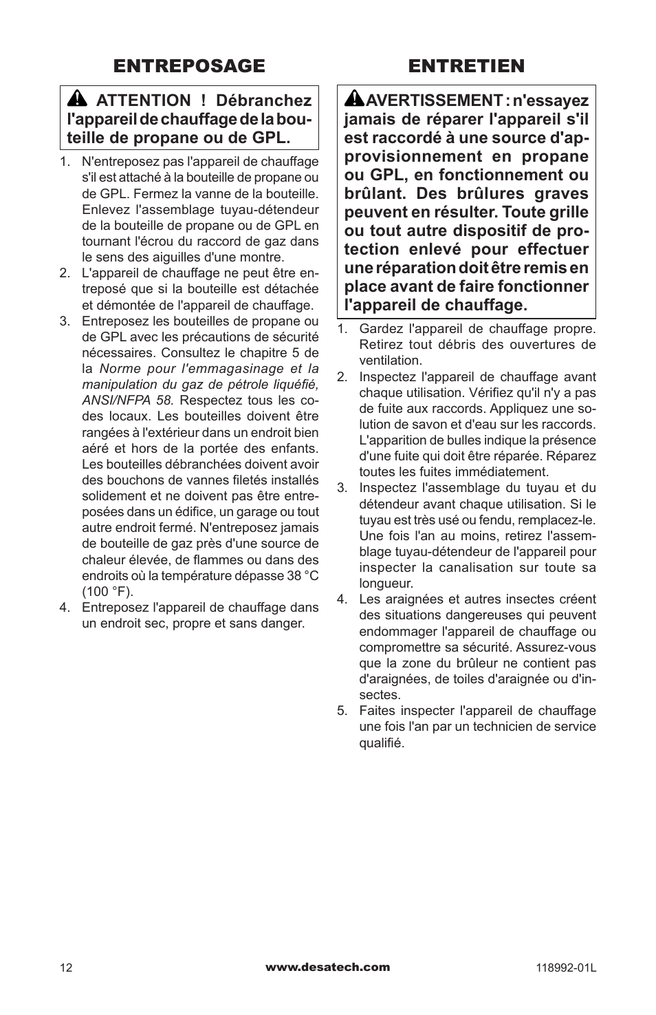 Entreposage, Entretien | Desa Td101 User Manual | Page 46 / 52