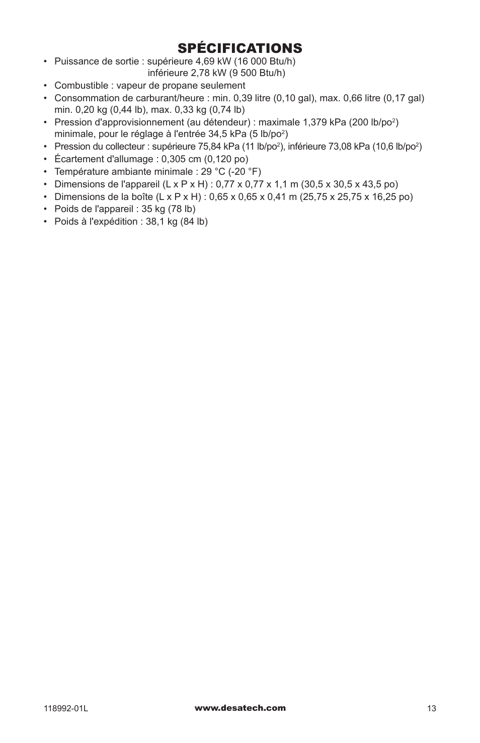 Spécifications | Desa Td101 User Manual | Page 47 / 52