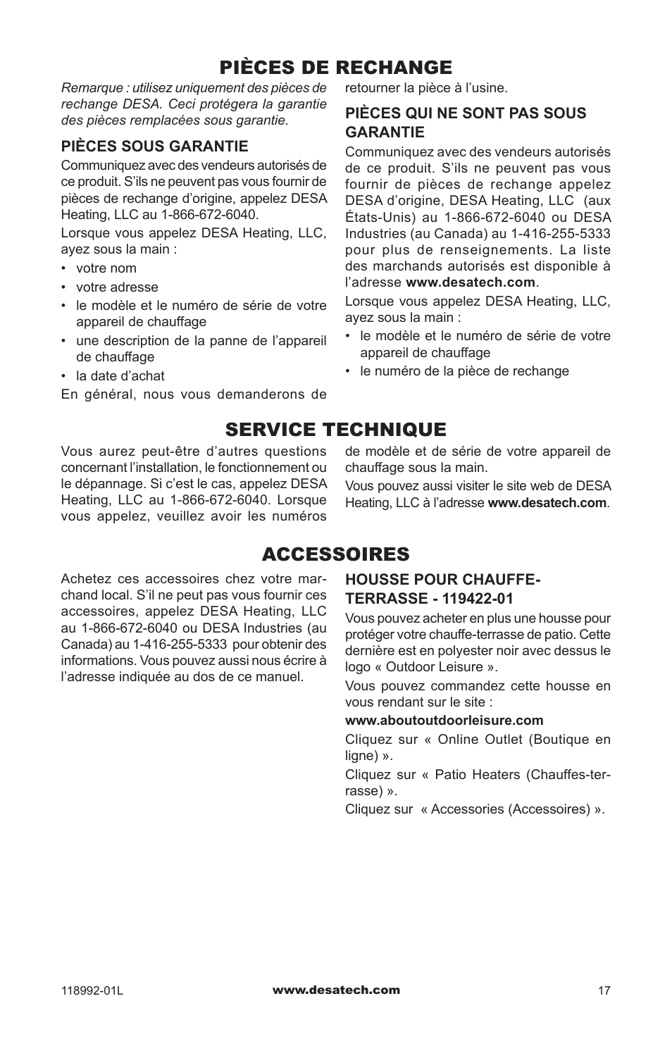 Pièces de rechange, Service technique, Accessoires | Desa Td101 User Manual | Page 51 / 52