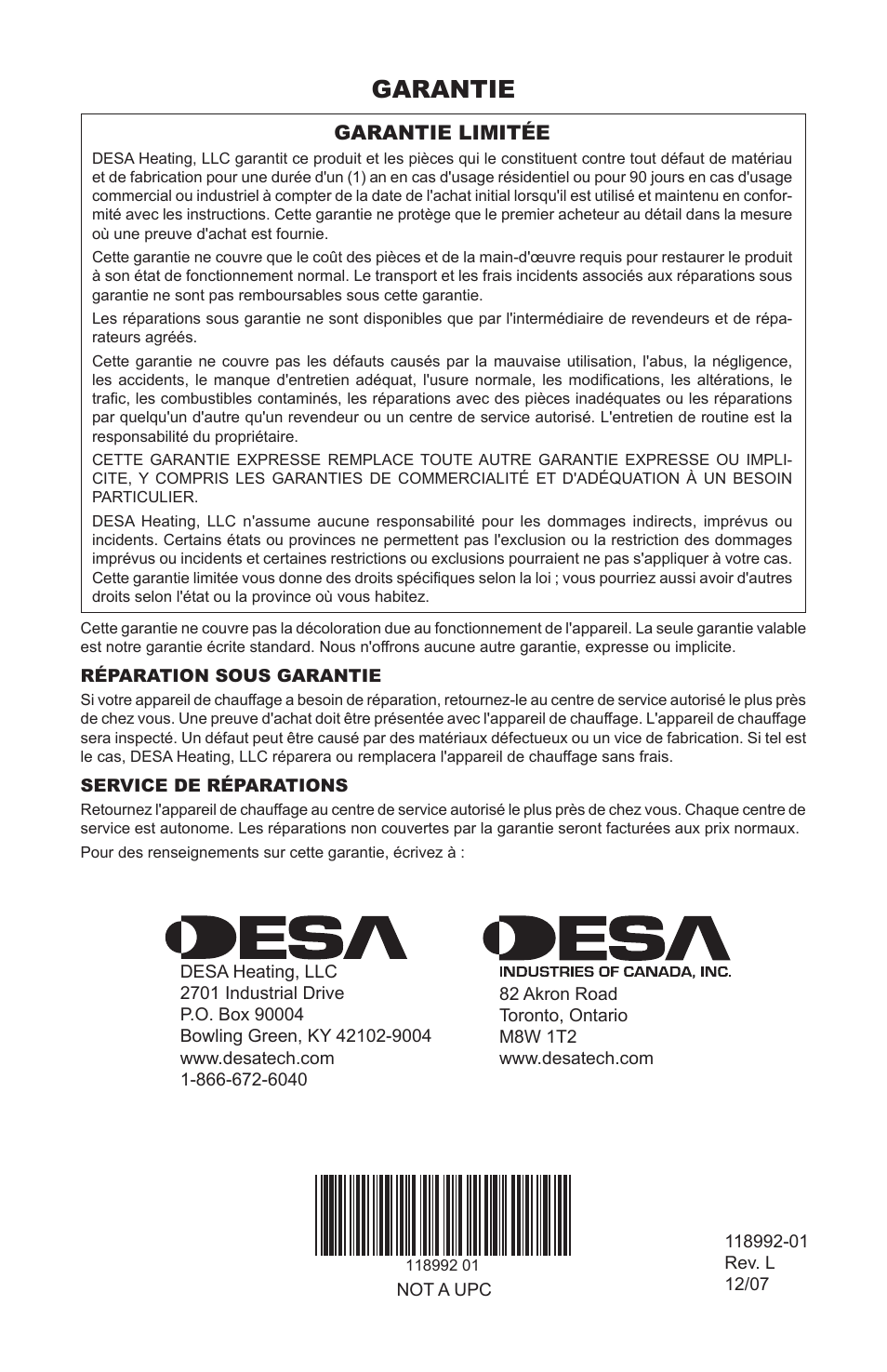Garantie | Desa Td101 User Manual | Page 52 / 52