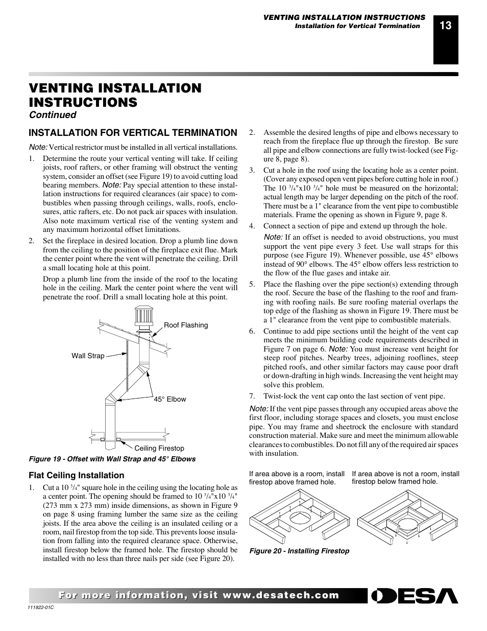 Venting installation instructions, Continued, Installation for vertical termination | Desa K42EN User Manual | Page 13 / 38