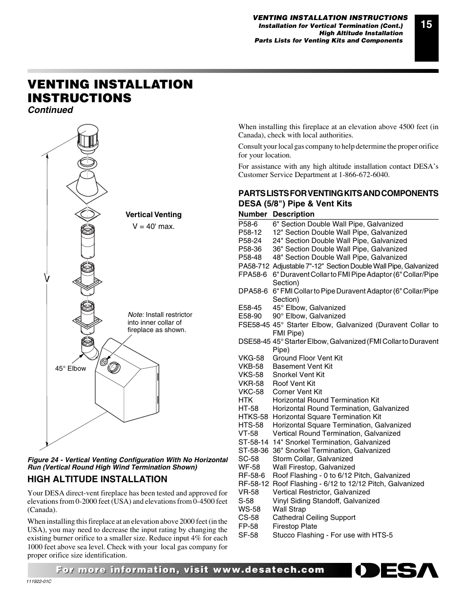 Venting installation instructions, Continued, High altitude installation | Desa K42EN User Manual | Page 15 / 38