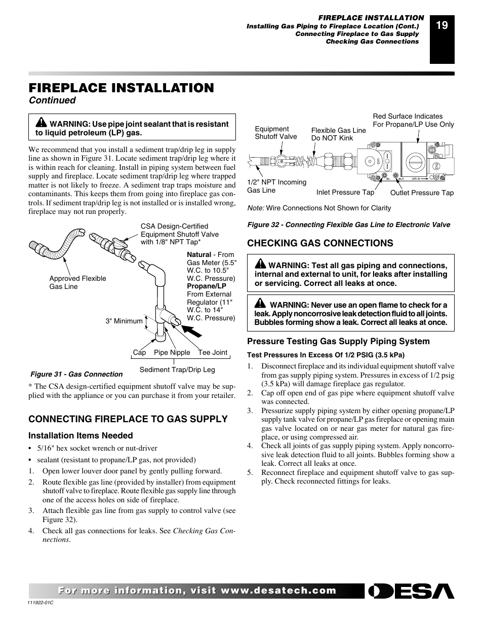 Fireplace installation, Continued | Desa K42EN User Manual | Page 19 / 38