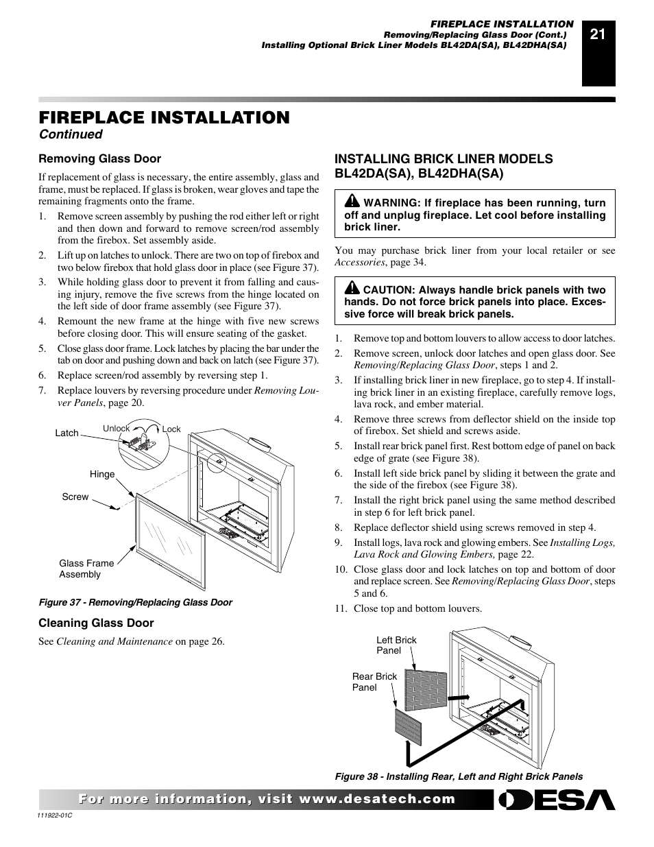 Fireplace installation, Continued | Desa K42EN User Manual | Page 21 / 38
