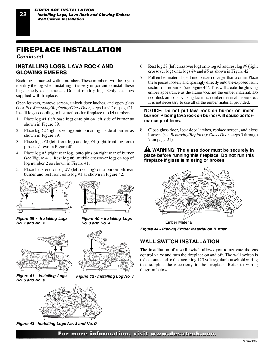 Fireplace installation | Desa K42EN User Manual | Page 22 / 38