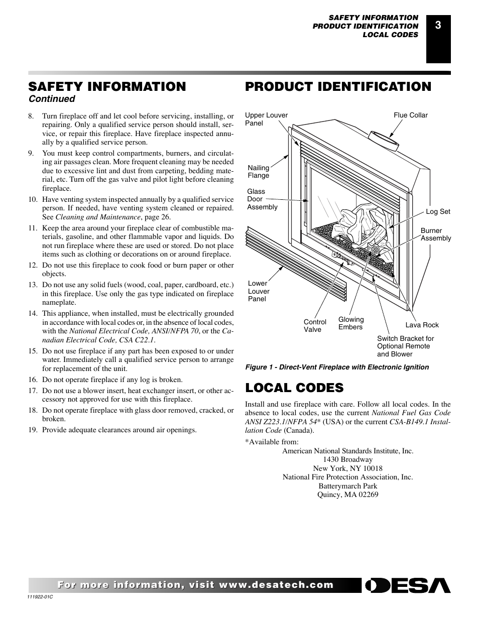 Safety information, Product identification, Local codes | Continued | Desa K42EN User Manual | Page 3 / 38