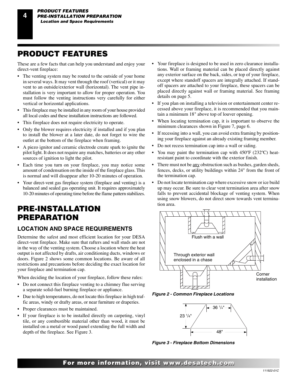 Product features, Pre-installation preparation | Desa K42EN User Manual | Page 4 / 38