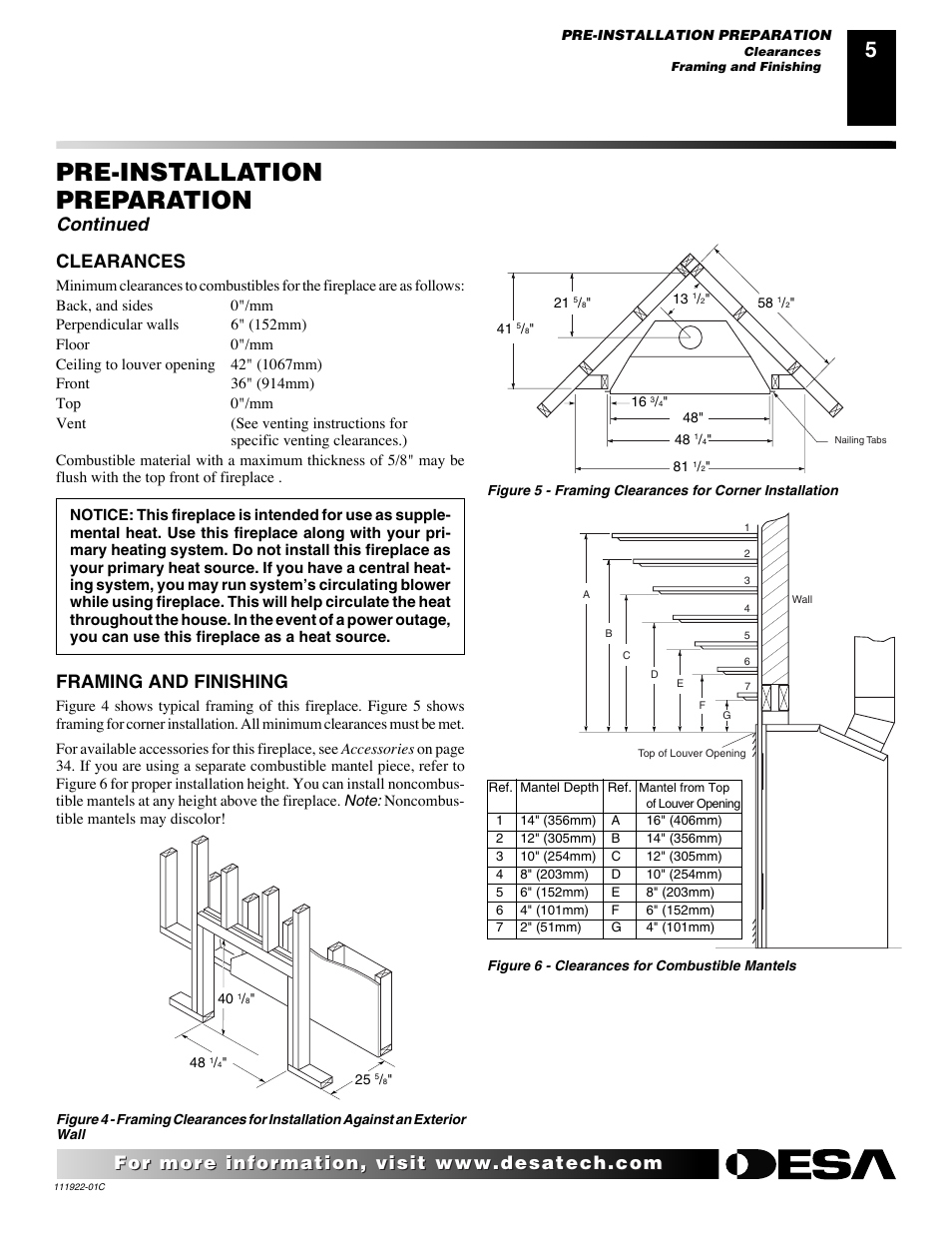 Pre-installation preparation, Continued, Clearances | Framing and finishing | Desa K42EN User Manual | Page 5 / 38