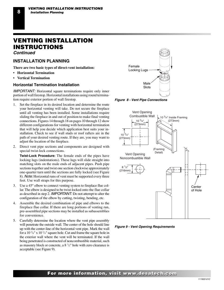 Venting installation instructions, Continued, Installation planning | Horizontal termination installation | Desa K42EN User Manual | Page 8 / 38