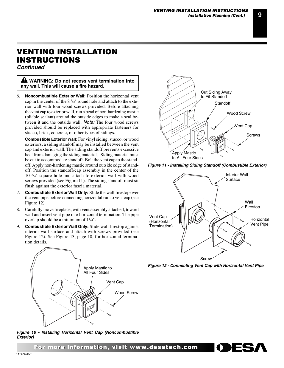 Venting installation instructions, Continued | Desa K42EN User Manual | Page 9 / 38