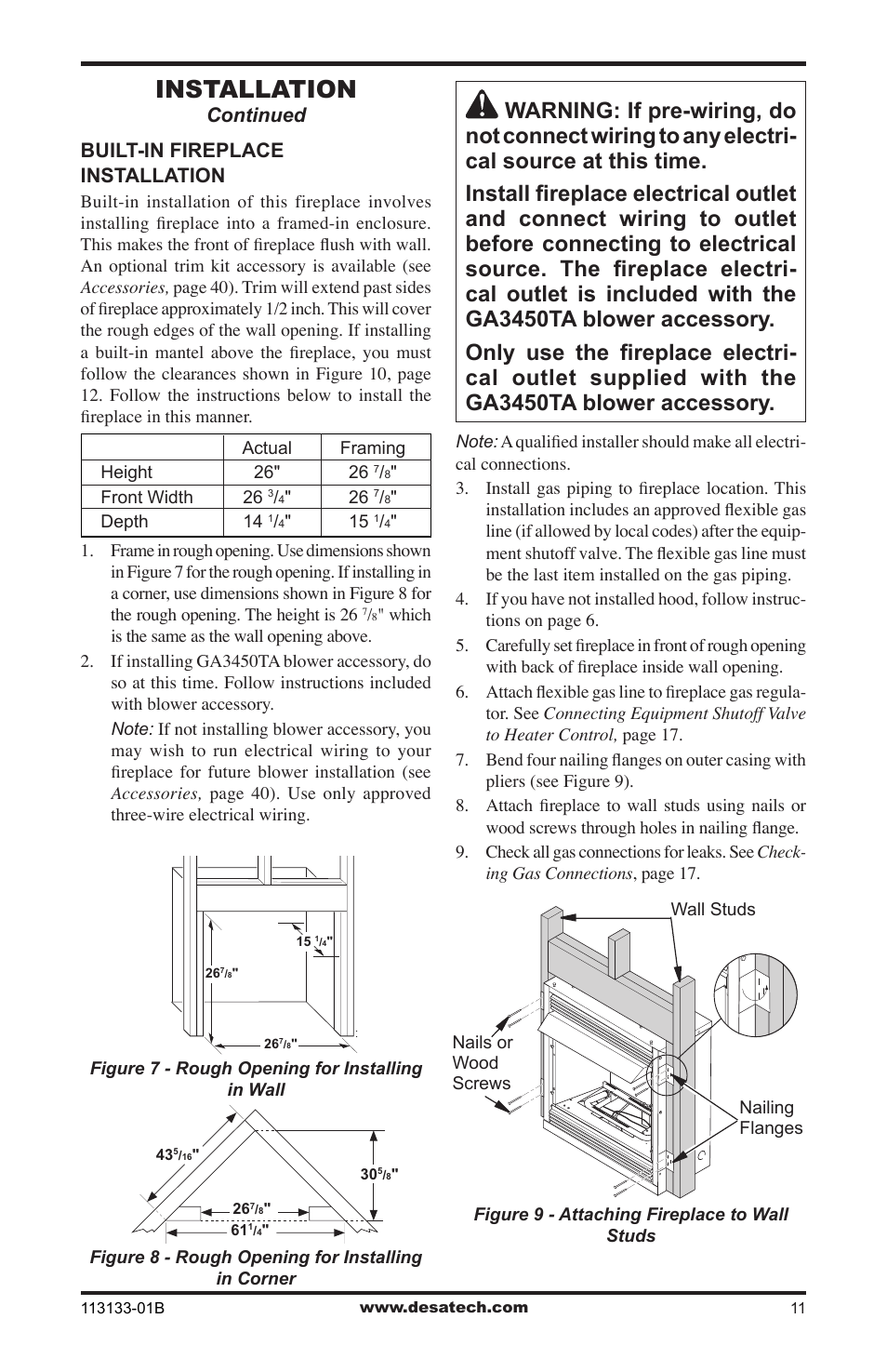 Installation, Continued built-in fireplace installation | Desa VDCFRNA User Manual | Page 11 / 44