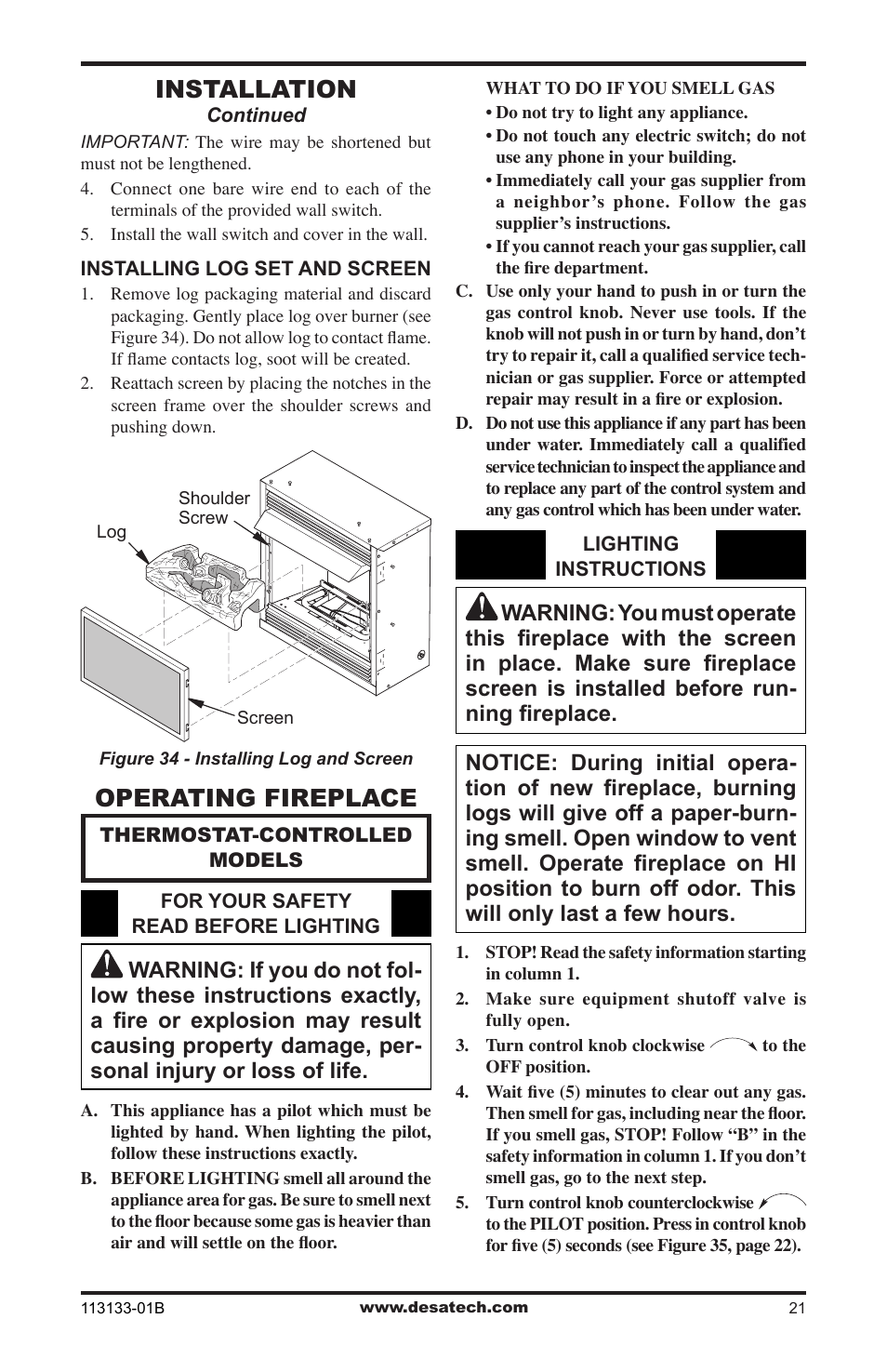 Operating fireplace, Installation | Desa VDCFRNA User Manual | Page 21 / 44