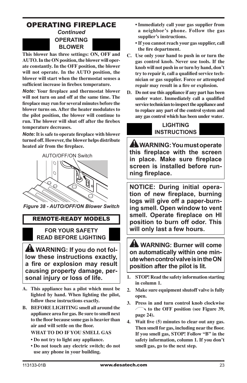 Operating fireplace | Desa VDCFRNA User Manual | Page 23 / 44