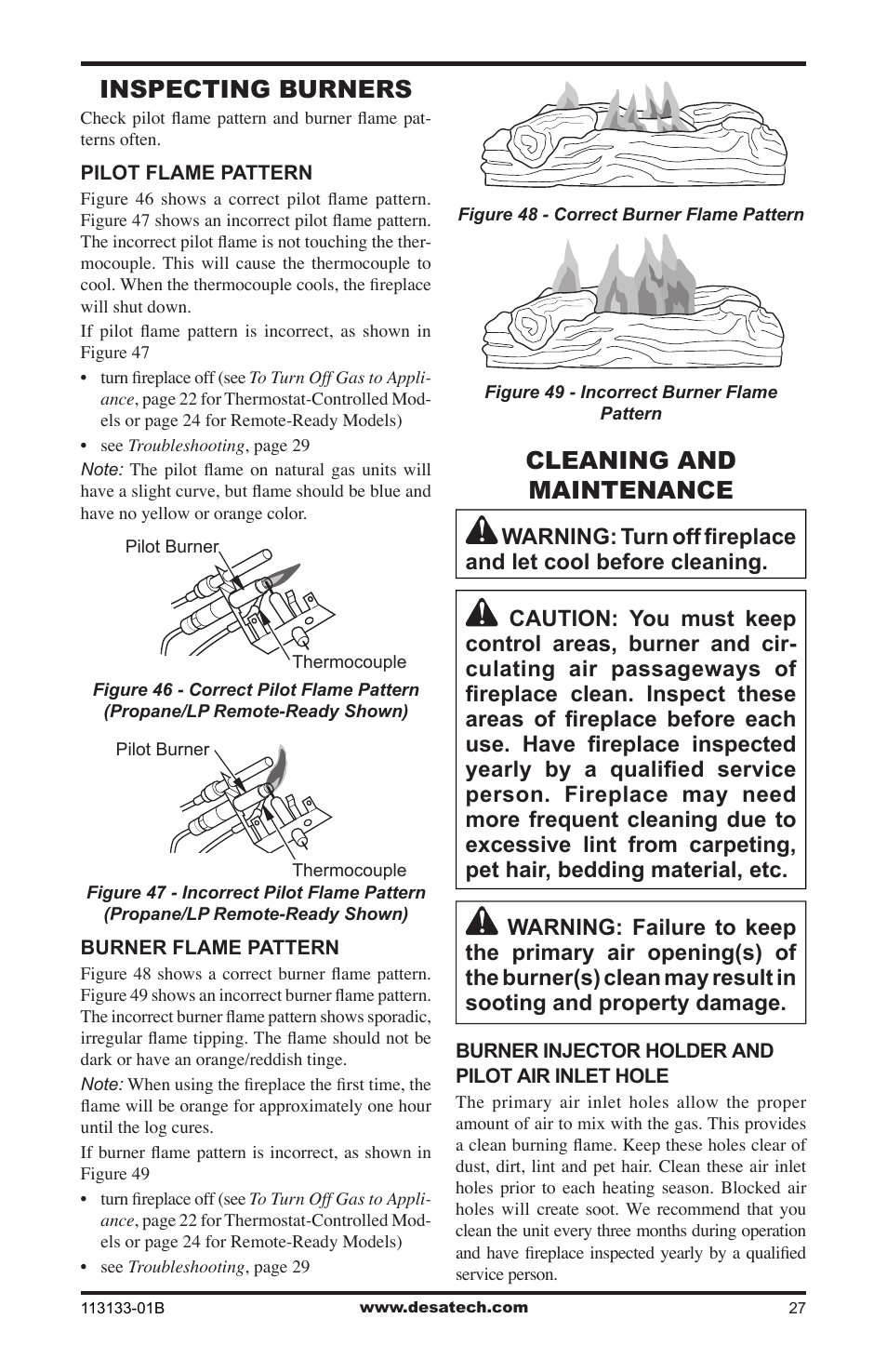 Inspecting burners, Cleaning and maintenance | Desa VDCFRNA User Manual | Page 27 / 44