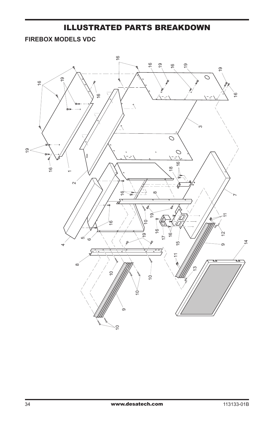 Illustrated parts breakdown and parts list, Illustrated parts breakdown, Firebox models vdc | Desa VDCFRNA User Manual | Page 34 / 44