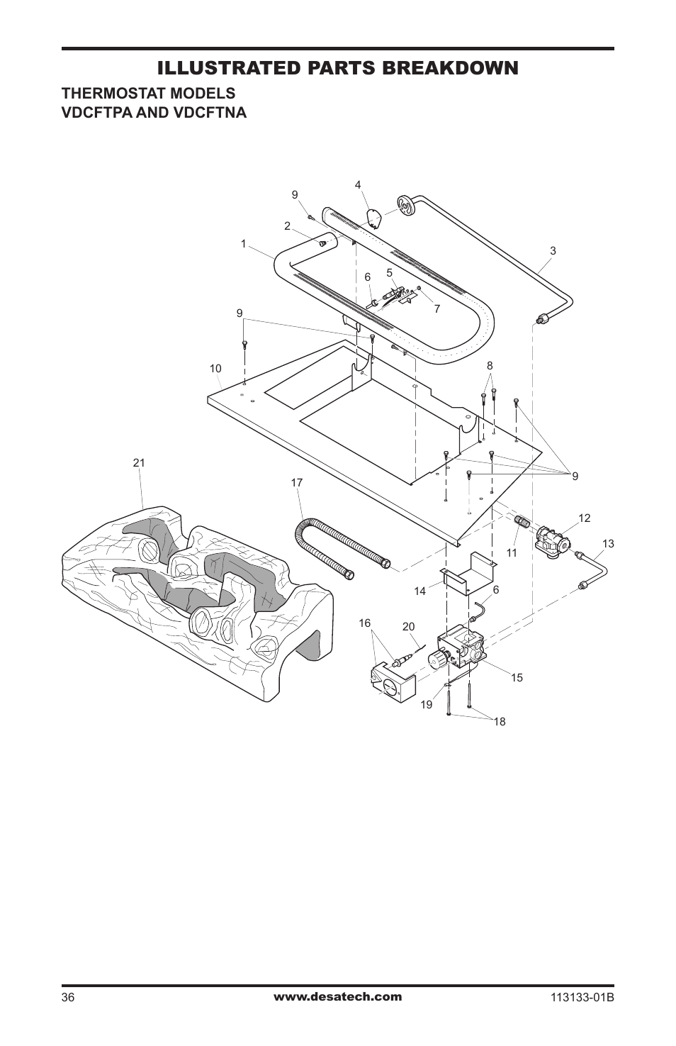 Illustrated parts breakdown, Thermostat models vdcftpa and vdcftna | Desa VDCFRNA User Manual | Page 36 / 44