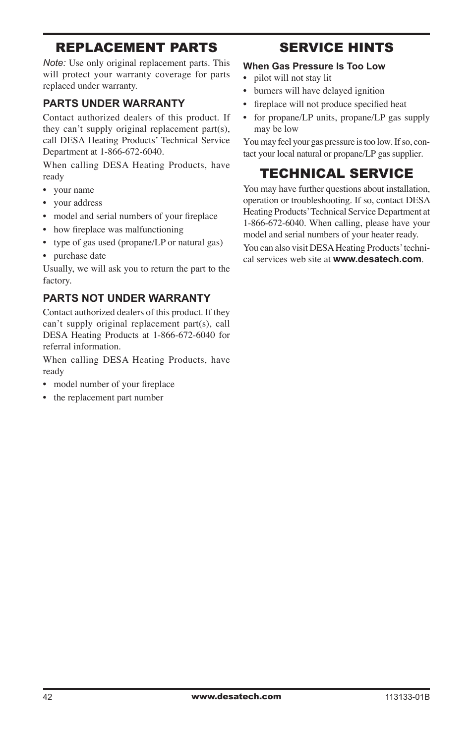 Replacement parts, Service hints, Technical service | Desa VDCFRNA User Manual | Page 42 / 44