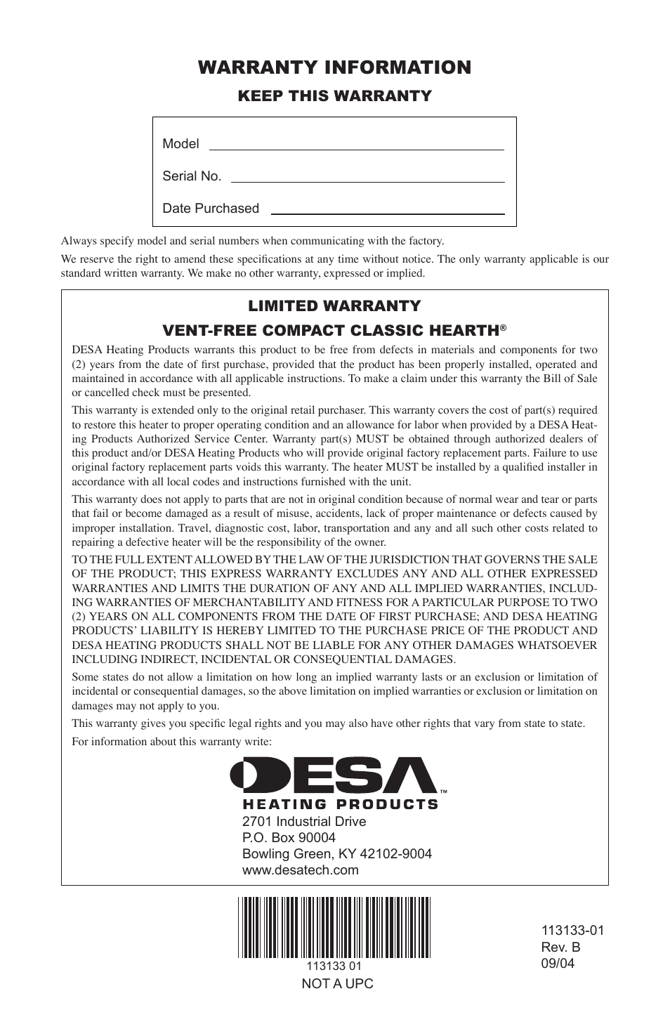 Warranty information, Limited warranty vent-free compact classic hearth, Keep this warranty | Desa VDCFRNA User Manual | Page 44 / 44