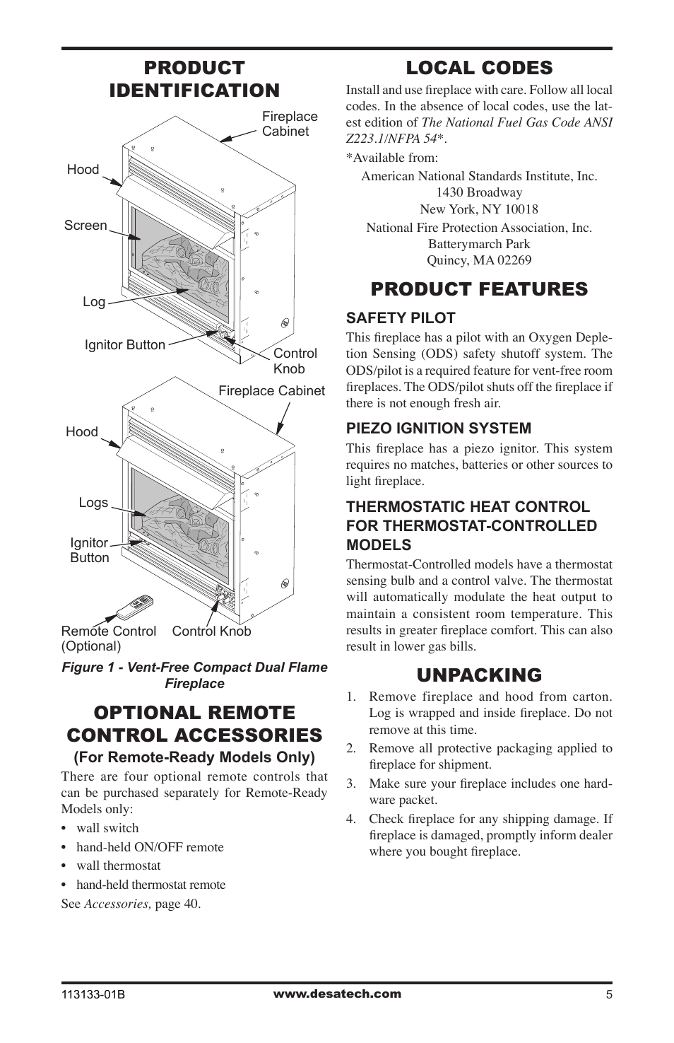 Product identification, Optional remote control accessories, Local codes | Product features, Unpacking | Desa VDCFRNA User Manual | Page 5 / 44