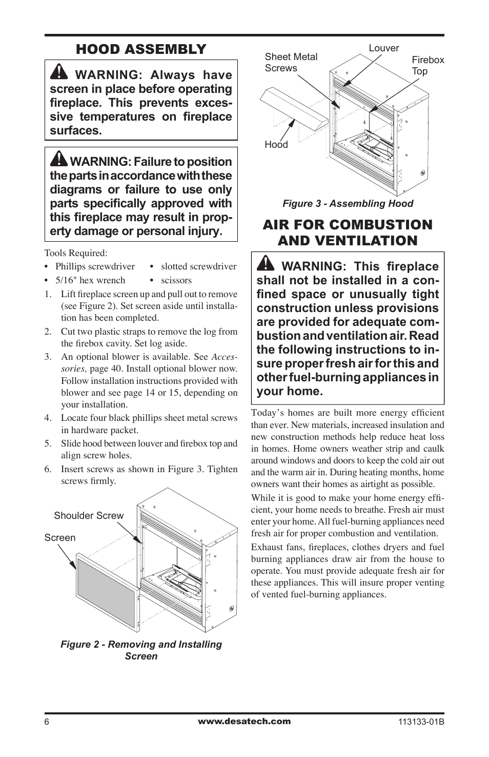 Hood assembly, Air for combustion and ventilation | Desa VDCFRNA User Manual | Page 6 / 44