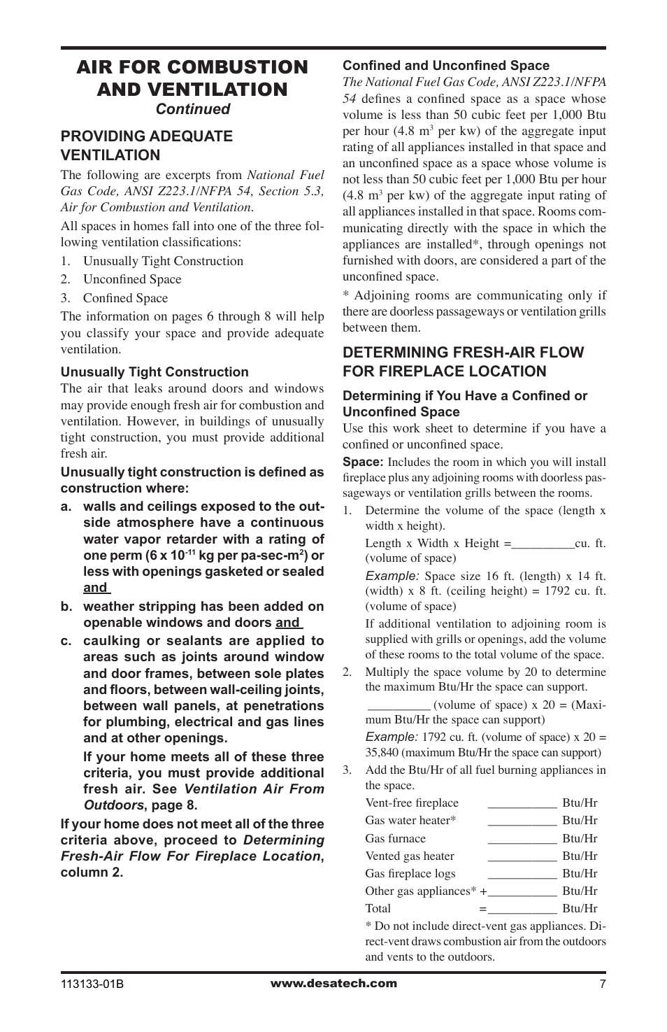 Air for combustion and ventilation | Desa VDCFRNA User Manual | Page 7 / 44